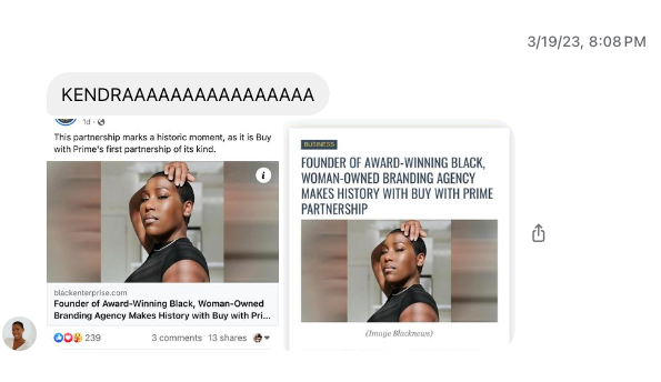 Black Enterprise headline: 'FOUNDER OF AWARD-WINNING BLACK, WOMAN-OWNED BRANDING AGENCY MAKES HISTORY WITH BUY WITH PRIME PARTNERSHIP'