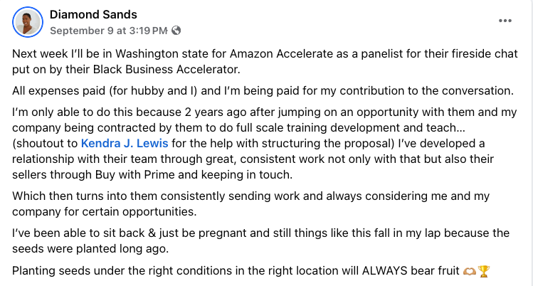 Diamond Sands Facebook post about being a panelist at Amazon Accelerate's Black Business Accelerator