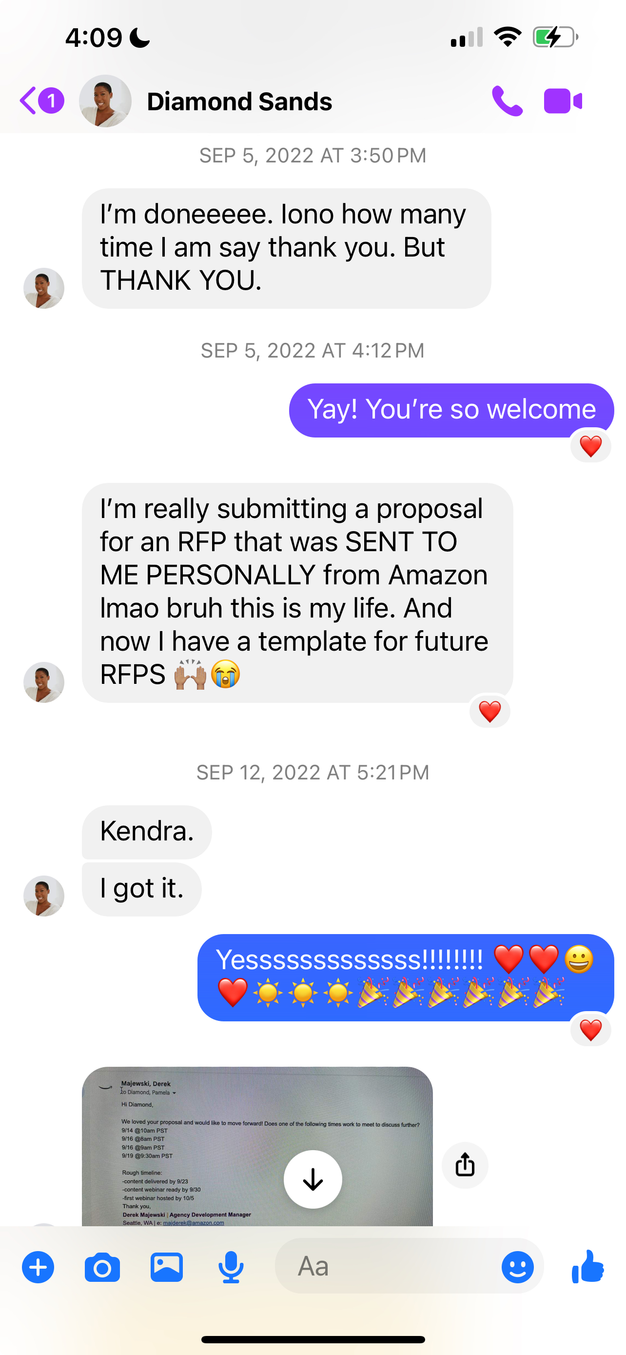 iMessage screenshots between Diamond Sands and Kendra: 'I'm doneeee. Thank you.' / 'Kendra. I got it.'